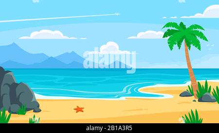 Sommer Strandhintergrund. Sandküste, Küste mit Palme und Berufung am Meer Vektor Cartoon Hintergrund Illustration Stock Vektor