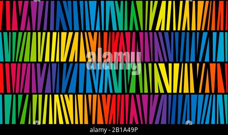 Regenbogenfarbenes Streifenmuster mit einem Spektrum an lebendigen Farben. Nahtlose, strukturierte abstrakte Darstellung auf schwarzem Hintergrund. Stockfoto