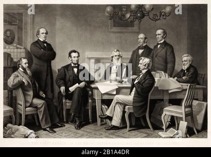 Die Erste Lesung der Emanzipationsproklamation Vor dem Kabinett von Abraham Lincoln am 22. Juli 1862, gedruckt von Alexander Hay Ritchie, Copy After Francis Bicknell Carpenter, im Jahre 1866 Stockfoto