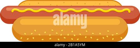 Cartoon fast Food Hotdog. Heißhundwurst in Brot mit senf isolierter Flachvektorillustration Stock Vektor