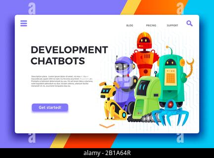 Entwicklung von Chatbots. Digitaler Chatbot-Assistent, freundliche Roboter und Hilfsroboter Landing Page Cartoon Vector Illustration Stock Vektor