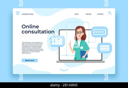 Online-Arzt-Beratung. Patientenberatung, medizinische Onlinehilfe und Ärzte treffen auf Landing-Page-Vektorgrafiken Stock Vektor
