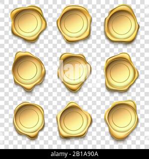 Goldenes Siegel. Elite Gold Wachsdichtungen, Premium-Stempel und Zuverlässigkeit Briefmarken-Vektor-Illustrationsset für Briefmarken Stock Vektor