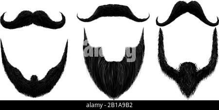 Schnurrbart und Bart. Man bärtet Stil, lockige Schnurrbart Maske und Vintage Fake Moustache isolierter Vektorsatz Stock Vektor