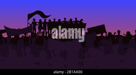 Silhouette von Menschen Massen Demonstranten halten Protestplakate Männer Frauen mit leeren Wahlplakaten Demonstration Rede politische Freiheit Konzept horizontale volle Länge Vektor Illustration Stock Vektor