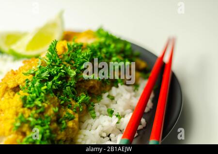 Knuspriges Huhn mit aromatischer Katsu-Curry-Sauce und duftendem, flauschigem Reis und japanischer Küche Stockfoto