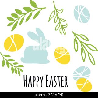 Vektordarstellung Ostersymbole Osterei, Kaninchen. Frohe Ostern Grußkarte in Pastellfarbe auf Weiß Stock Vektor