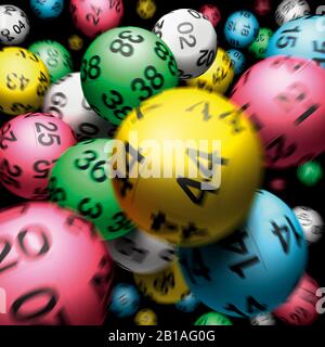 Lotterie Ball Kugeln fallen Chance, Glück, Glücksspiel Reichtum Geld. Lotto, Bewegungsunschärfe. Nahaufnahme schwarzer Hintergrund. Hüpfend 44 Stockfoto