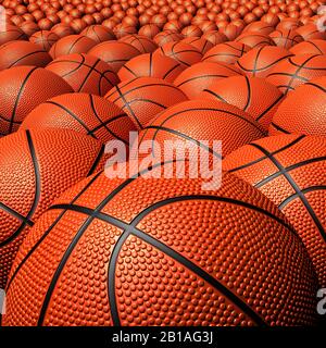 Basketball ganz nah. Bälle, die sich bis zum Horizont erstrecken. Sauber und neu Stockfoto