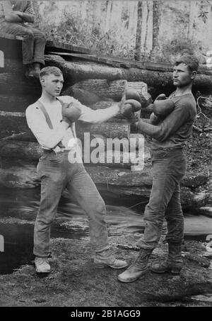 Zwei junge Männer posieren, tragen Boxhandschuhe, außerhalb ihrer Dugout-Blockhütte im Wald. Wahrscheinlich ca. 1-m. Ein anderer Mann sitzt auf dem Dach der Kabine und beobachtet. Unbekannte Personen und Standort. Um meine zugehörigen Vintage-Bilder zu sehen, suchen Sie: Prestor Vintage Sport Stockfoto