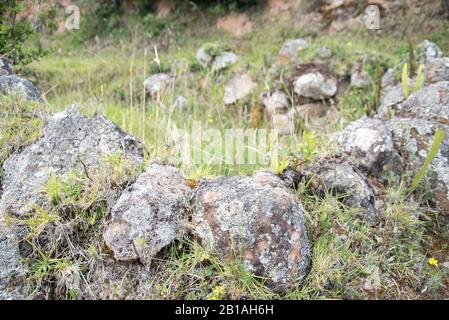 Anzeichen für präincanische Kulturen auf dem Hügel namens Leon Dormido oder Sleeping Lion direkt außerhalb von Saraguro, Provinz Loja, Ecuador Stockfoto