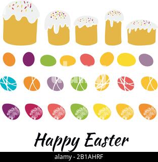 Vector Illustration Set Designelemente Easter Traditional Symbols Kollektion - Easter Kuchen und Ei, Happy Easter Grußkarte in Pastellfarbe auf Stock Vektor