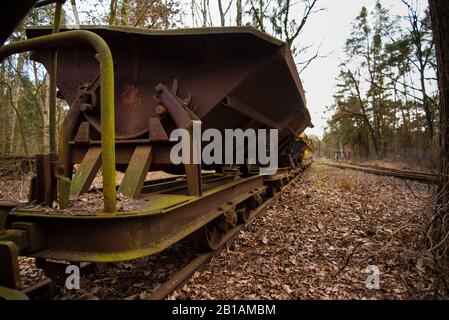Alte verrostene Wagen in einem Wald, verlassene, Schmalspurbahn, verlassene, dunkle Fotos Stockfoto