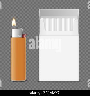 Vector 3d Realistische, Geschlossene Leere Zigarettenschachtel mit Zigaretten und Feuerzeug mit Flame Set Closeup Isoliert auf Transparentem Hintergrund Stock Vektor