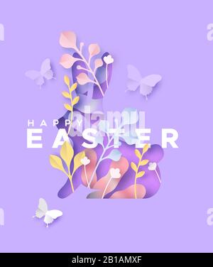 Frohe ostern Grußkarte mit Paperschnitt Illustration der ausgeschnittenen Kaninchenform mit Schmetterling aus Papierhandwerk und Naturschmuck. Mehrschichtige 3D-Frühlingssaison Stock Vektor