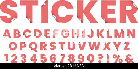 Schriftart des Aufklebers. Klebrige Buchstaben aus dem Alphabet, stilisierte Beschriftungsaufkleber und 3D-Schriftarten Beschriftungssymbole Vektorgrafiksatz Stock Vektor