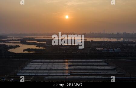 Aerival View of CRH (China Railway High-speed) bullet trains at a Maintenance base Station in Wuhan City, Central China's Hubei Province on February 23rd, 2020. (Foto von YFC / Costfoto / Sipa USA) Stockfoto