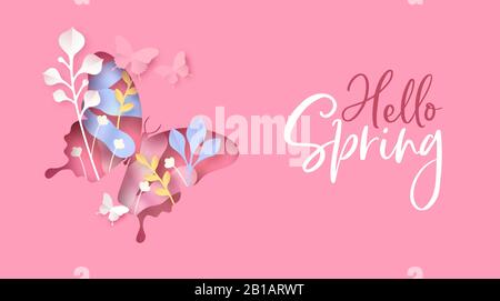 Hello Spring Grußkarte Illustration der ausgeschnittenen Schmetterlingsform mit papiergeschnittener Blume und Naturschmuck auf pinkfarbenem Hintergrund. Stock Vektor