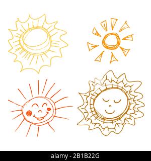 Sun. EIN Satz handgefertigter Zeichnungen. Elemente für die Gestaltung von Postkarten, Hintergrund, Verpackung. Druck für Kleidung Stock Vektor