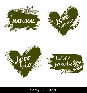 Doodle Logos. Ich liebe Bio. Vektorgrafiken für Restaurants, Verpackungen, Werbung. Set aus Logos, Symbolen und Designelementen. Naturkost, Stock Vektor
