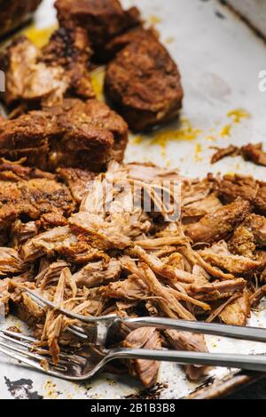 Langsam gekochte Schweinefleisch Detail gezogen Stockfoto