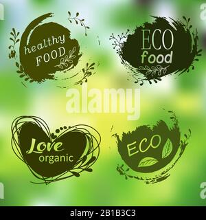 Set aus Logos, Symbolen und Designelementen. Naturkost, Bio, veggie. Etikett für gesunde Lebensmittel. Doodle Logos. Handzeichnen Stock Vektor