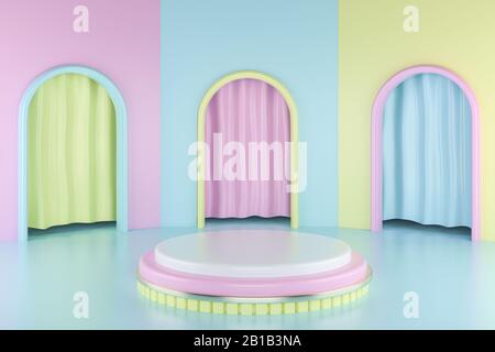 3D-Rendering, abstrakter geometrischer Hintergrund, Zylinderpodium, minimalistische primitive Formen, moderne Mock-up, leere Vorlage, leeres Schaufenster, Schaufenster Stockfoto