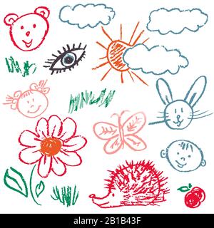 Zeichnungen von Kindern. Elemente für die Gestaltung von Postkarten, Hintergründen, Verpackungen. Ausdrucke für Kleidung. Zeichnung von Wachskrebsen auf weißem Grund. F. Stock Vektor