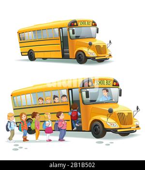 Schulbus. Kinder steigen in den Schulbus.Transportschüler oder Schüler, Transport und Auto. Vektorgrafiken. Stock Vektor