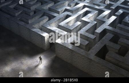 Kleiner Mann, der ein riesiges mysteriöses Labyrinth betritt. Geschäfts- und Lebenskonzept. 3D-Rendering Stockfoto