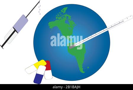 Weltpandemic illustriert mit Globus, Thermometer, Kapseln und Impfstoff auf Weiß mit Kopierraum. Stock Vektor