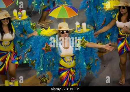 Sao Paulo, Sao Paulo, Brasilien. Februar 2020. Mitglieder der Samba-Schule nehmen während des Karnevals 2020 in Sao Paulo, Brasilien, an der Samba-Schulparade in Anhembi Sambadrome Teil. (Bild: © Paulo LopesZUMA Draht) Stockfoto