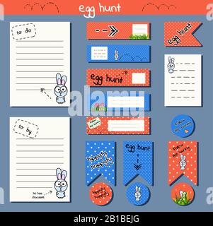Set zum Erstellen eines Segelflugzeugs, osterparty Dekoration, Aufkleber, Blätter, Flaggen, Scrapbooking. Lustiger Zeichentrickkaninchen. Leuchtend orange und blaue Farben für den Stock Vektor