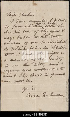 Von Anne Warren Weston zu Mary S. Parker; 184 p1. Stockfoto