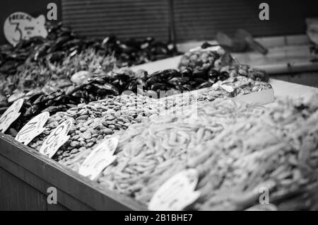 Frische Mischung Meeresfrüchte innerhalb des Fischmarktes - Krake, Muscheln, Austern, Garnelen, Calamari, Fisch Stockfoto