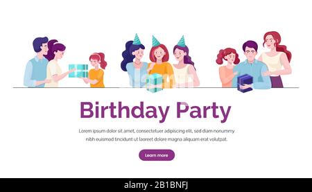 Geburtstagsparty Vector Banner-Vorlage. Glückliche Leute, die einander Geschenke machen. Familie, Mutter, Vater und Tochter, Illustration der besten Freunde. Wir feiern das Konzept der flachen Landing Page zum Happy Birthday. Stock Vektor