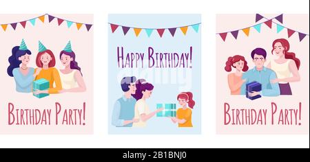 Set mit Vorlagen für das Design von Happy Birthday Bannern. Eltern, die der Tochter Geschenk machen, lächelnde Mutter und Tochter, die dem Vater gratuliert haben, Mädchen, die Geburtstagsvektor-flache Illustration feiern. Stock Vektor