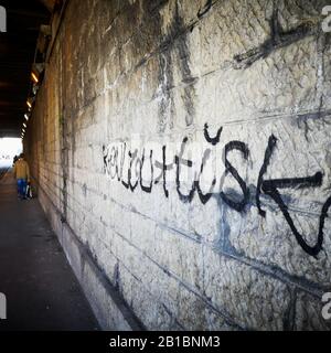 Steinwand mit Graffiti, Lyon, Frankreich Stockfoto