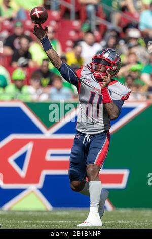 Tampa, Florida, USA. Februar 2020. Quarterback P.J. Walker (11) von den Houston Roughnecks wirft einen Pass während des Spiels XFL Tampa Bay Vipers gegen Houston Roughnecks im Raymond James Stadium in Tampa, Fl am 22. Februar 2020. Kredit: Cory Knowlton/ZUMA Wire/Alamy Live News Stockfoto