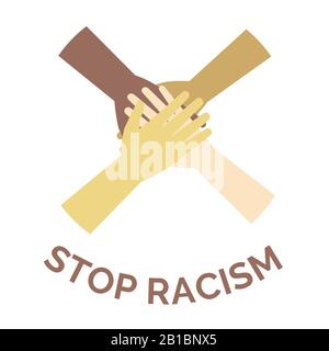 Rassismus-Vektor-Banner-Konzept stoppen. Hände verschiedener Hautfarbe und verschiedener Rassen Menschen, die Cartoon-Illustration zusammenfügen. Plakat gegen Rassismus und Diskriminierung, alle Menschen sind gleich. Stock Vektor