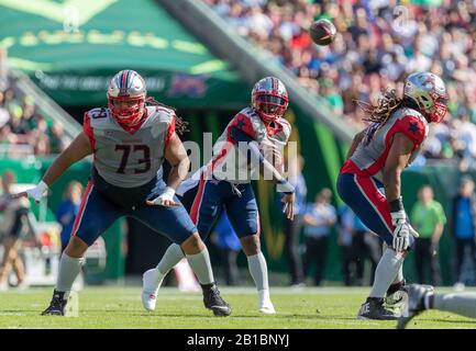 Tampa, Florida, USA. Februar 2020. Quarterback P.J. Walker (11) von den Houston Roughnecks wirft einen Pass während des Spiels XFL Tampa Bay Vipers gegen Houston Roughnecks im Raymond James Stadium in Tampa, Fl am 22. Februar 2020. Kredit: Cory Knowlton/ZUMA Wire/Alamy Live News Stockfoto