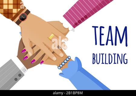 Vorlage für Vektor-Banner für Teambildung. Draufsicht über verschiedene Hautfarben und verschiedene Rassen Menschen Hände zusammenfügen. Teamarbeit, Zusammenarbeit, Einheitlichkeit flaches Konzept mit Typografie. Stock Vektor