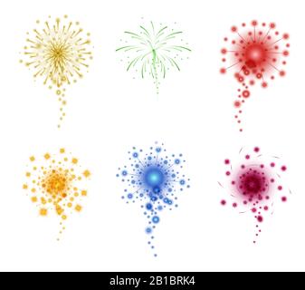 Bunte funkelnde Feuerwerke in verschiedenen Formen realistische Illustration isoliert auf weißem Hintergrund. Vektorelemente für Neujahr, Weihnachten, fest oder Feiertag. Stock Vektor