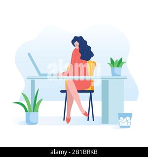 Frau sitzt am Computer auf einer weißen Hintergrundvektorillustration Stock Vektor