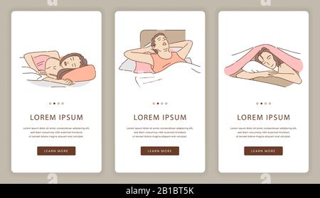 Mobile Apps für schlafende Menschen mit Textbereich. Mann und Frauen liegen auf dem Bett und nehmen sich eine Pause oder entspannen Zeit Vektor Cartoon-Illustration. Schlafkorrektur, Website-Vorlage für süße Träume. Stock Vektor