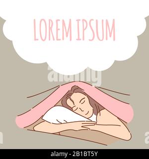 Frau in Nachtkleidung schläft im Bett unter Decke Vektor-Bannervorlage mit Textraum. Schlafender süßer Traum, friedlich, entspannte Cartoon-Outline-Illustration. Stock Vektor