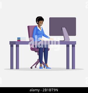 Junge Frau sitzt am Tisch vor dem Computer mit einem Ohrstück und Mikrofon auf Kopfvektor-Flachdarstellung. Freiberufliche, technische Unterstützung, virtuelles Büro oder Outsourcing-Konzept. Stock Vektor