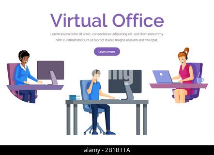 Virtuelle Office Web-Banner-Vektorvorlage. Lächelnde Menschen arbeiten an Computern mit Kopfhörern und Mikrofon-Vektor-Flat-Illustration. Unterstützung, Fernarbeit, freiberuflicher Webseiten-Entwurf. Stock Vektor