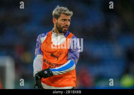 Februar 2020, King Power Stadium, Leicester, England; Premier League, Leicester City gegen Manchester City: Sergio Aguero (10) von Manchester City in Aufwärmphase Stockfoto