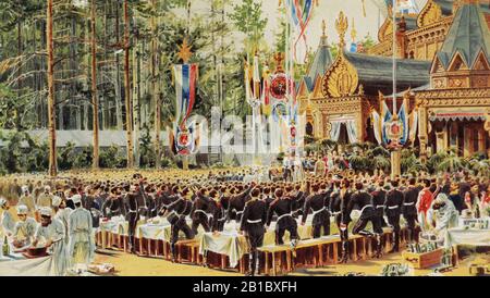 Fest in Sokolniki anlässlich der Krönung des russischen Kaiser Alexander III. Alexandrowitsch und der Kaiserin Maria Fedorowna 15. Mai 1883. Gemälde von K. Savitsky, 19. Jahrhundert. Stockfoto